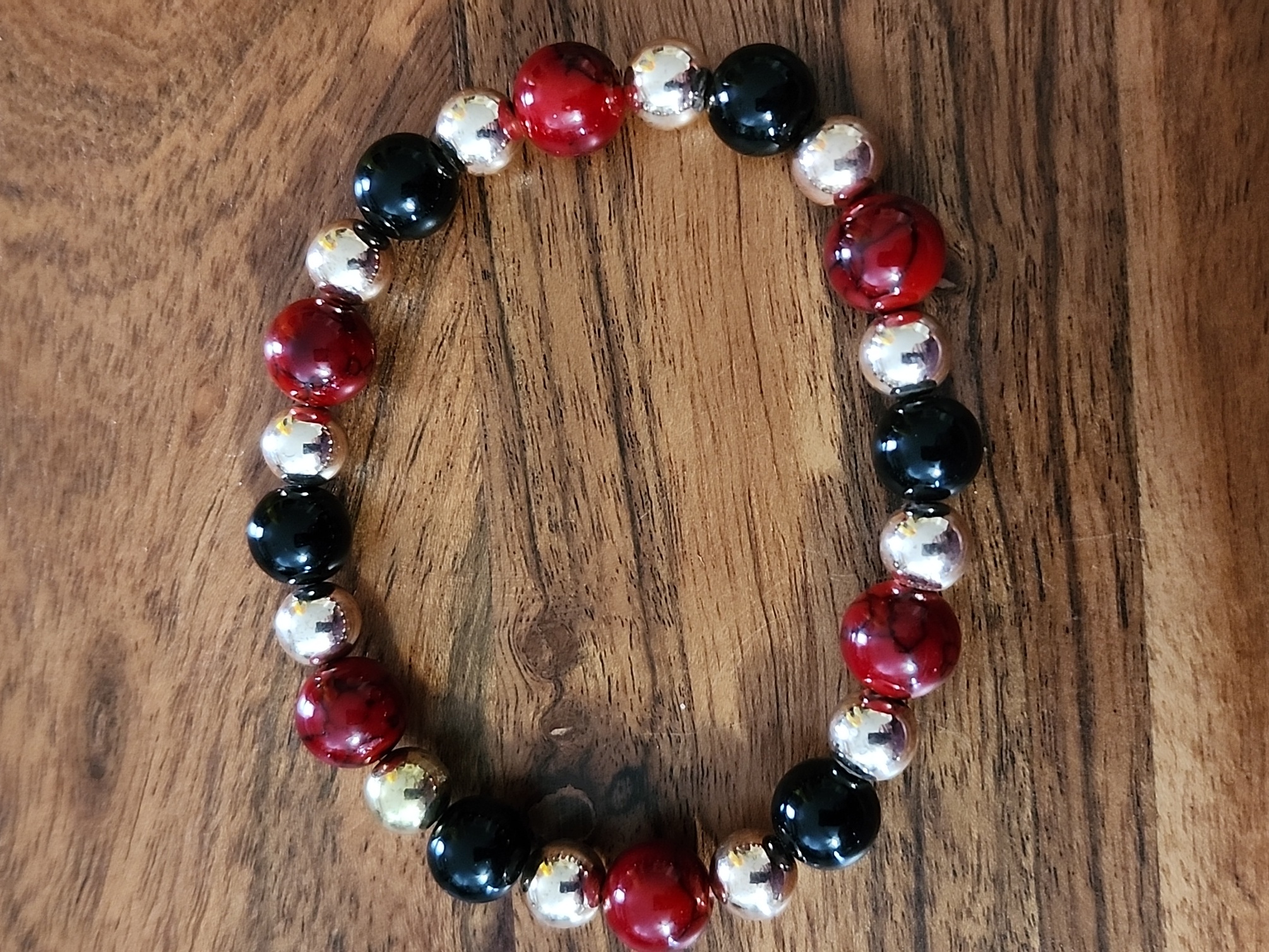 Handmade Red Quartz And Black Beaded Bracelet